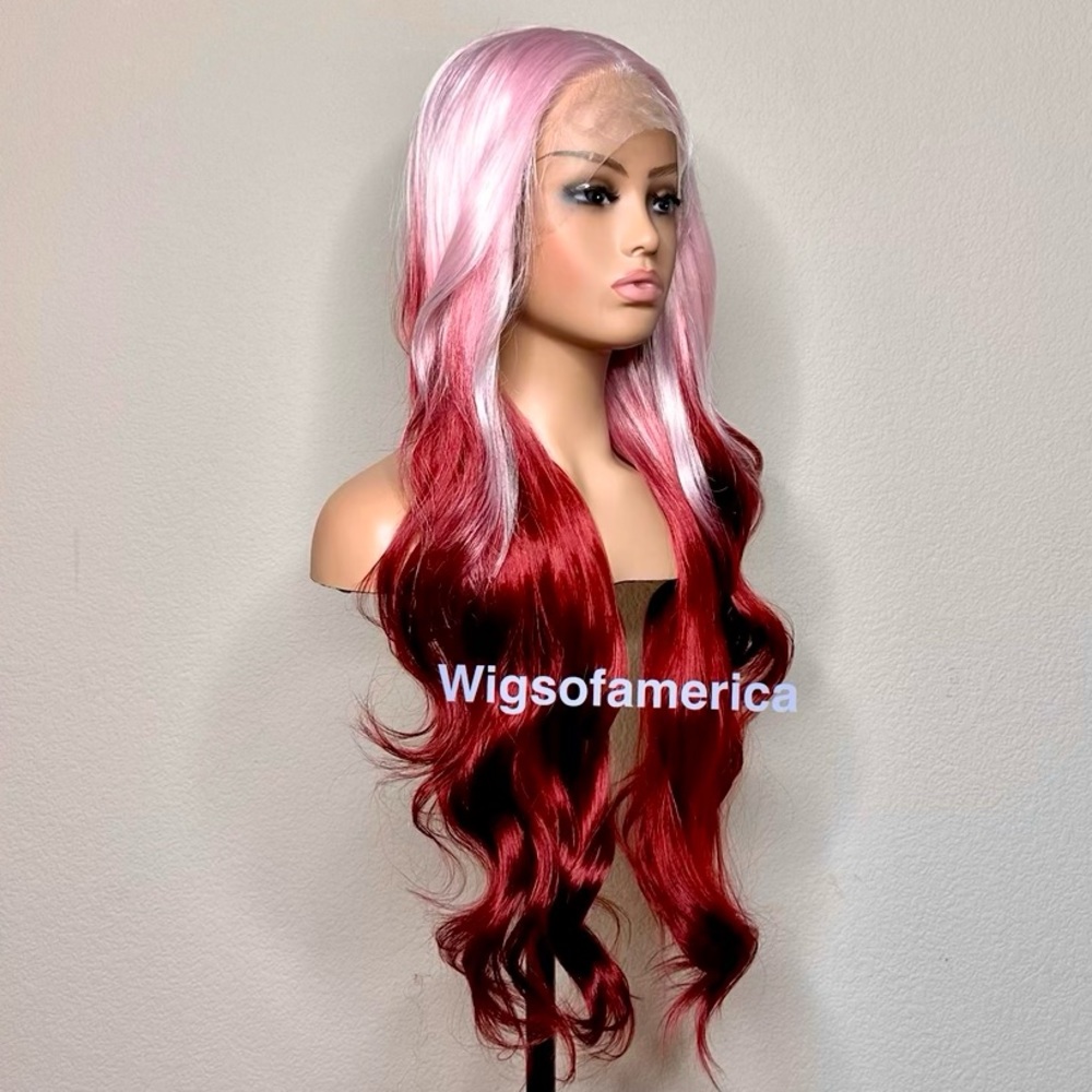 Pastel wig ombré pink red and burgundy lace front middle part 28 inches long